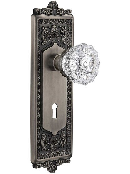 Egg and Dart Door Set with Fluted-Crystal Glass Knobs and Keyhole - 2 3/8 in Antique Pewter.